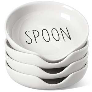 LE TAUCI Spoon Rest for Stove Top, Set of 4 Ceramic Spoon Holder for Kitchen Counter, 5-Inch Heat Resistant Utensil Rest for Cooking Spatula, Whisks, Ladle, Dishwasher Safe, Oyster White