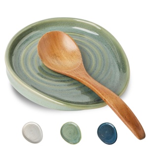 Ceramic Spoon Rest for Stove Top, Spoon Holder for Kitchen Counter, Farmhouse Cooking Utensil Holder for Spoons, Ladles, Spatula, Glazed Green