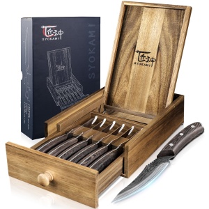 SYOKAMI Steak Knives Set of 6 with Drawer Organizer, 4.8 Inch High Carbon Japanese Style Non Serrated Meat Knife with Wood Handle, Damascus Pattern Full Tang Design, Razor-Sharp Dinner Knives